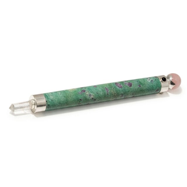 Verdant Herz Stab – Ruby Fuchsite Rosenquarz Spitze mit Kristallkugel – 23 cm