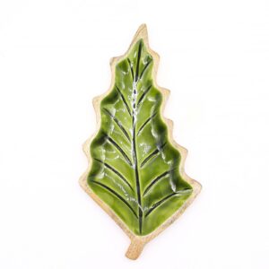 Walddeko aus Mangoholz – Holzschale mit Emaille-Blatt – 33 × 17 cm