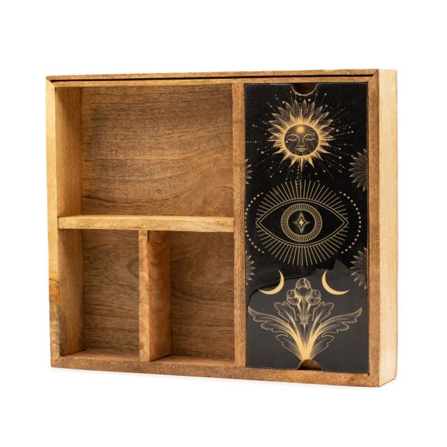 Tarotbox aus Mangoholz mit vier Fächern und Kartenhalter
