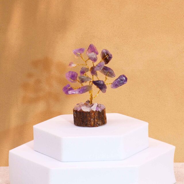 Mini-Edelsteinbaum mit Holzsockel – Amethyst (15 Steine)