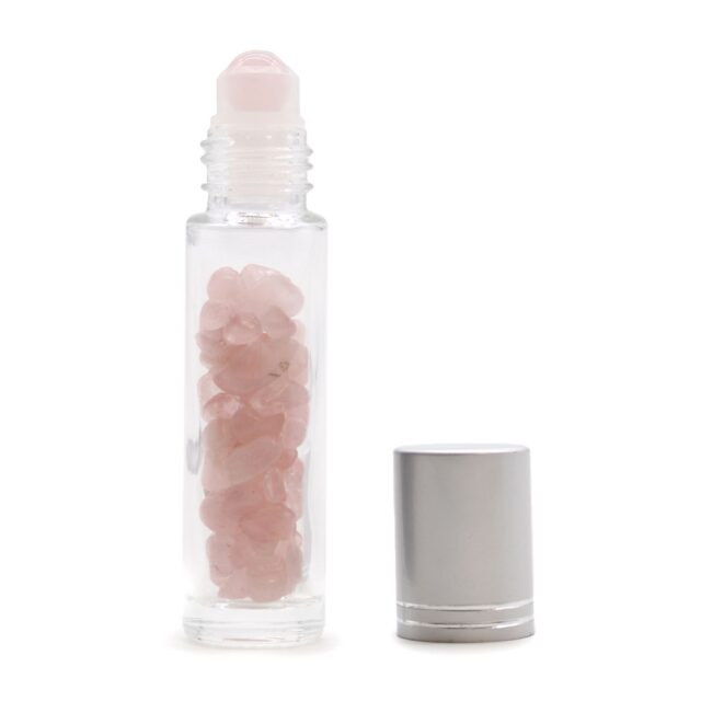 Edelstein-Roll-on-Flasche – Rosenquarz – 5 ml, silberfarbener Verschluss