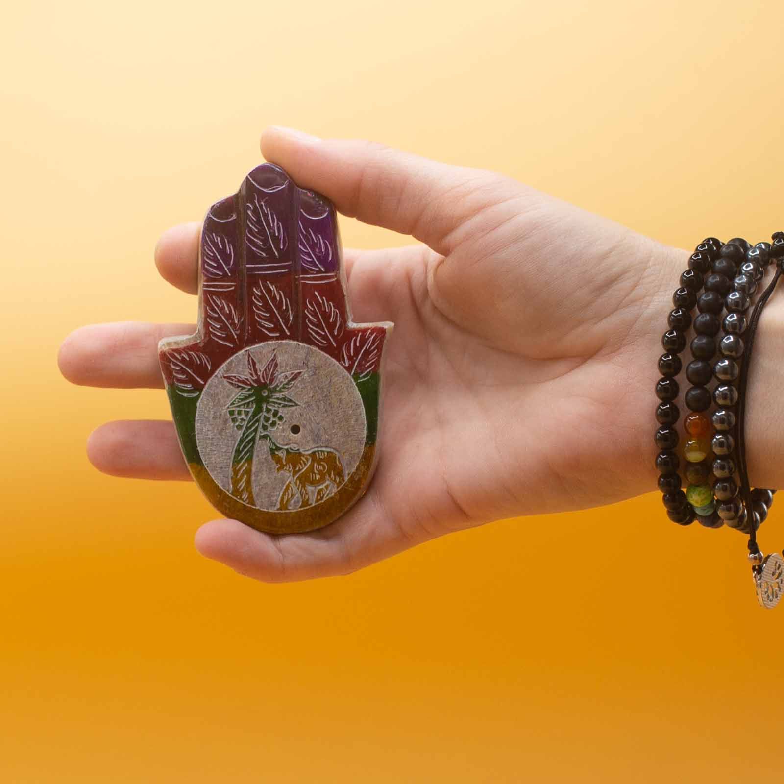 Räucherhalter – Speckstein Hamsa 9x6 cm – Elefant & Palm – Bild 2