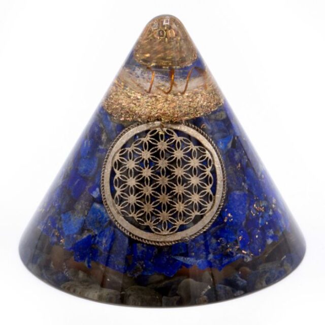 Orgonit-Kegel – Lapislazuli Blume des Lebens – Suspended Quarz – 90 mm