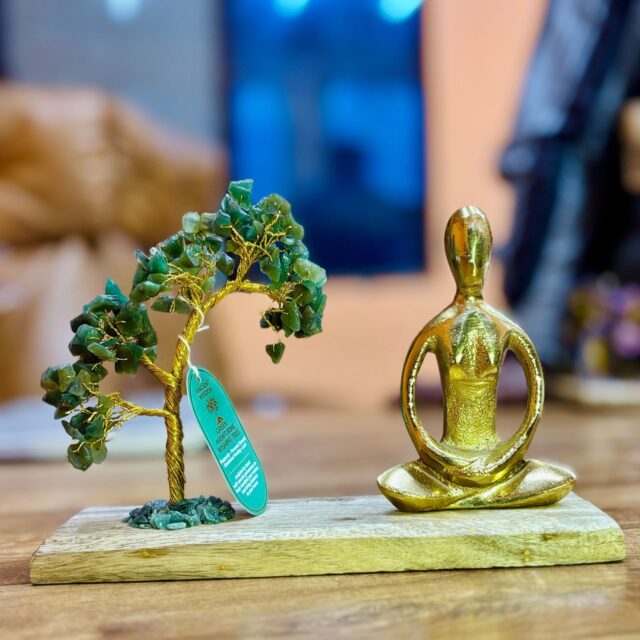 Edelstein-Yogagarten – Padmasana Pose – Grüner Aventurin – geneigter Baum – 100 Steinsplitter