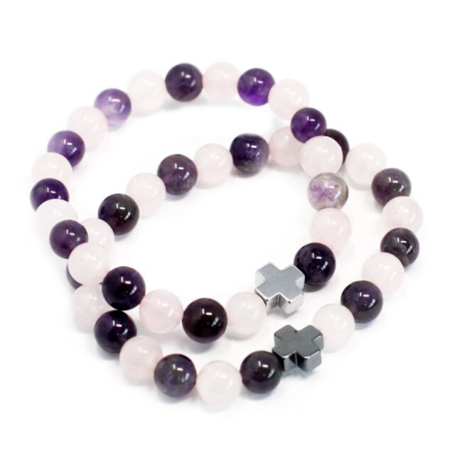 2er-Set Freundschaftsarmbänder aus Edelsteinen – Liebe – Amethyst & Rosenquarz