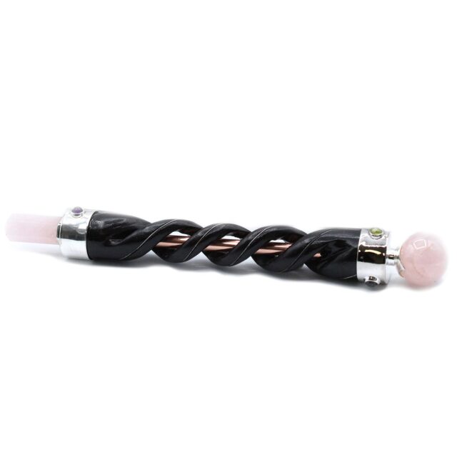 Spiralverzierter Kristallstab – Kupfer Pipe Rosenquarz