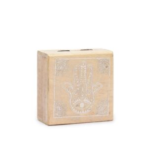 Aufbewahrungsbox – klein, quadratisch 10 × 10 × 4,2 cm – Hamsa weiß lasiert