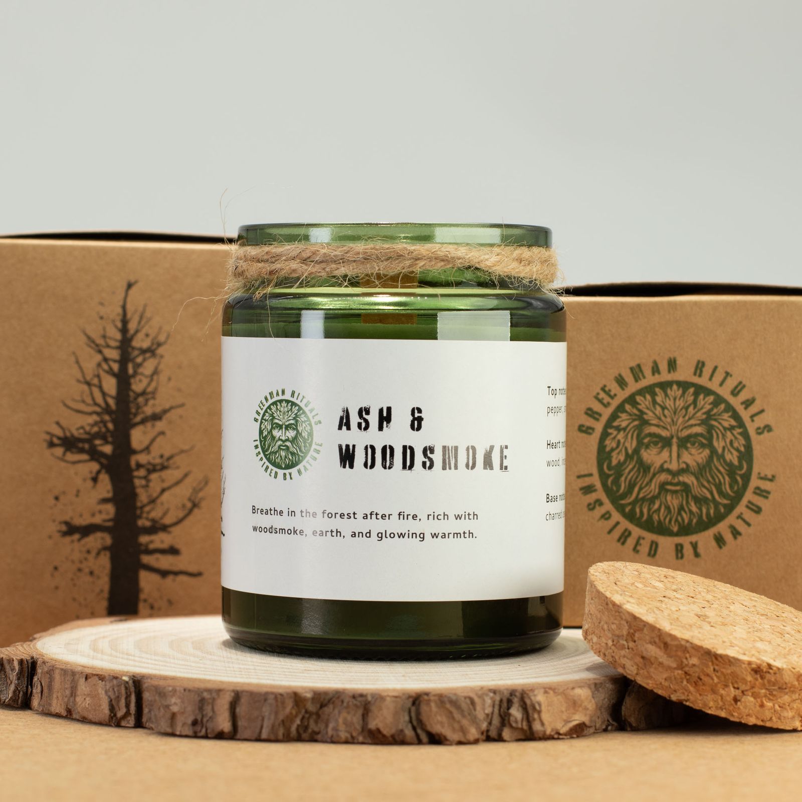 Sojawachskerze – Greenman Holzdocht Sojakerze – Ash & Woodsmoke – Bild 5