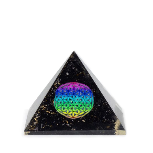 Klein Orgonit-Pyramiden 5.5x4.5 cm – Blume des Lebens – Schwarzer Turmalin Chips