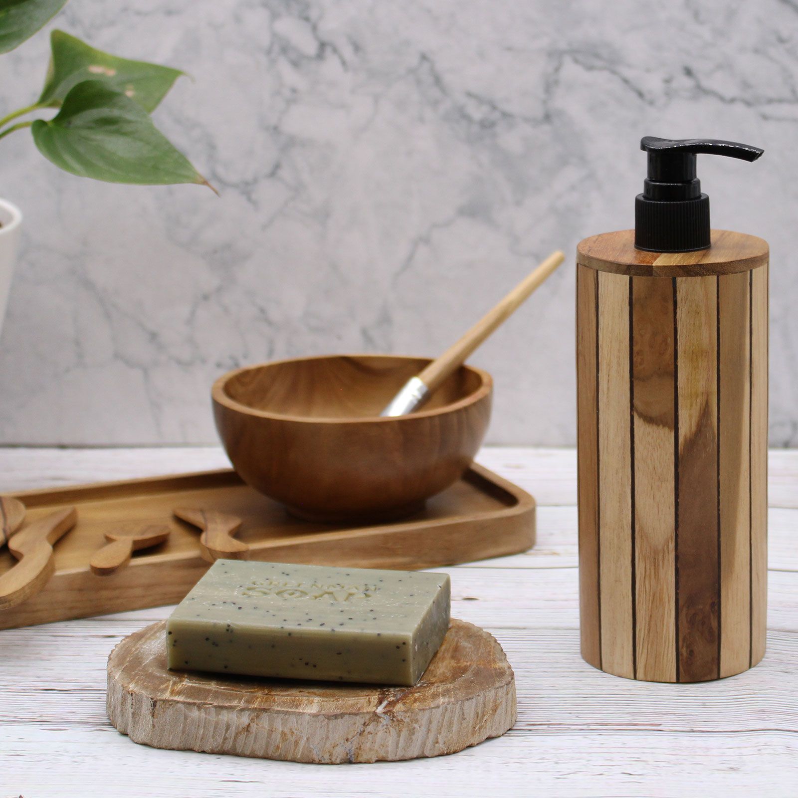Seifenzubehör – Natur Teakwood Seifenspender – Rund – Bild 5