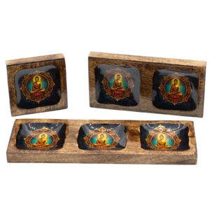 Emailliertes Tablett-Set aus Mangoholz – groß – Buddha