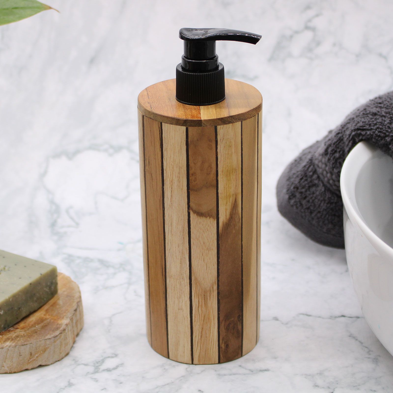 Seifenzubehör – Natur Teakwood Seifenspender – Rund – Bild 4