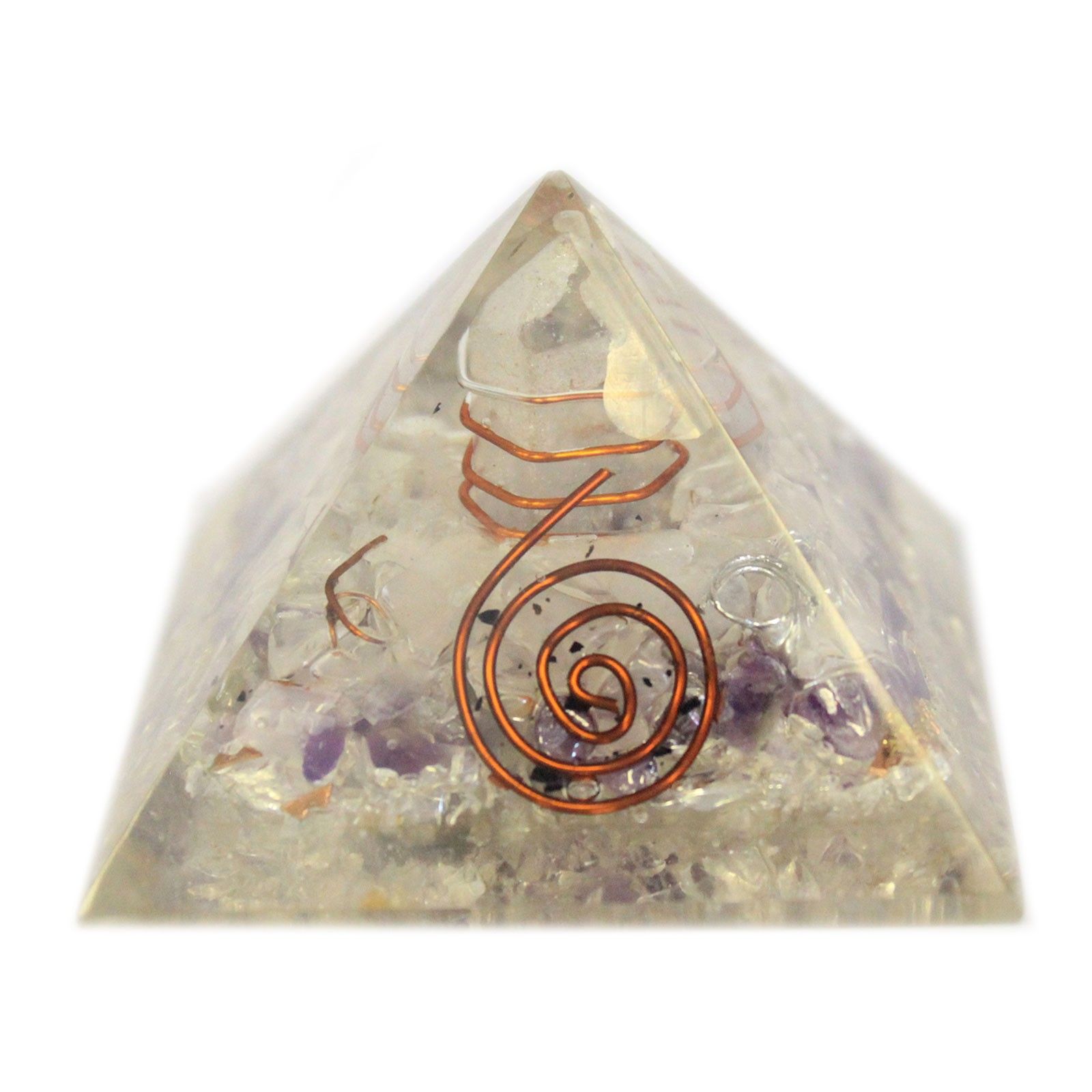 Mittelgroße Orgonit-Pyramide 55 mm Edelsteinsplitter und Kupfer