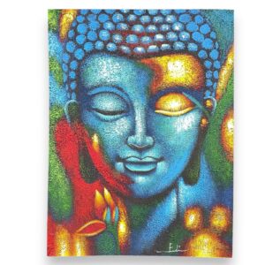 Buddha-Bild mit Blütenmotiv – blau & goldfarben – 75 × 55 cm