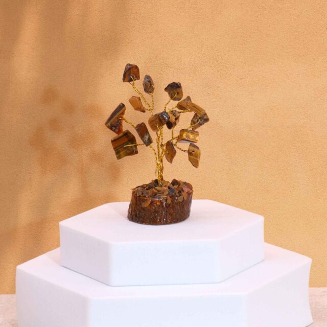 Mini-Edelsteinbaum mit Holzsockel – Tigerauge (15 Steine)