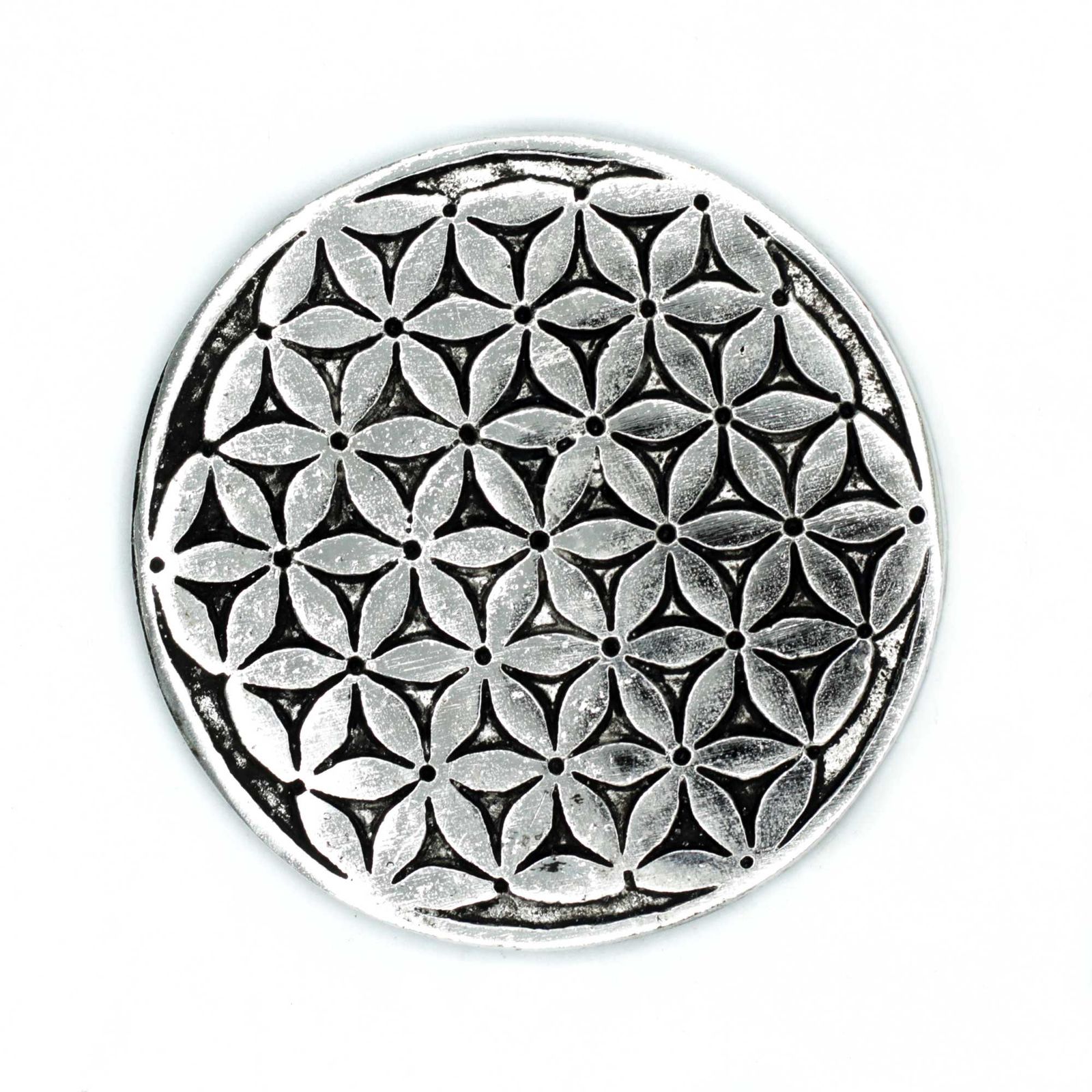 Räucherhalter – poliert Aluminium Blume des Lebens 11 cm