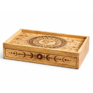 Tarotbox mit Sonne-Mond-Schnitzerei und Schublade