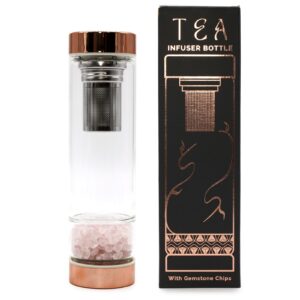 Glas-Teeflasche mit Siebeinsatz und Edelstein – RoséGold – Rosenquarz
