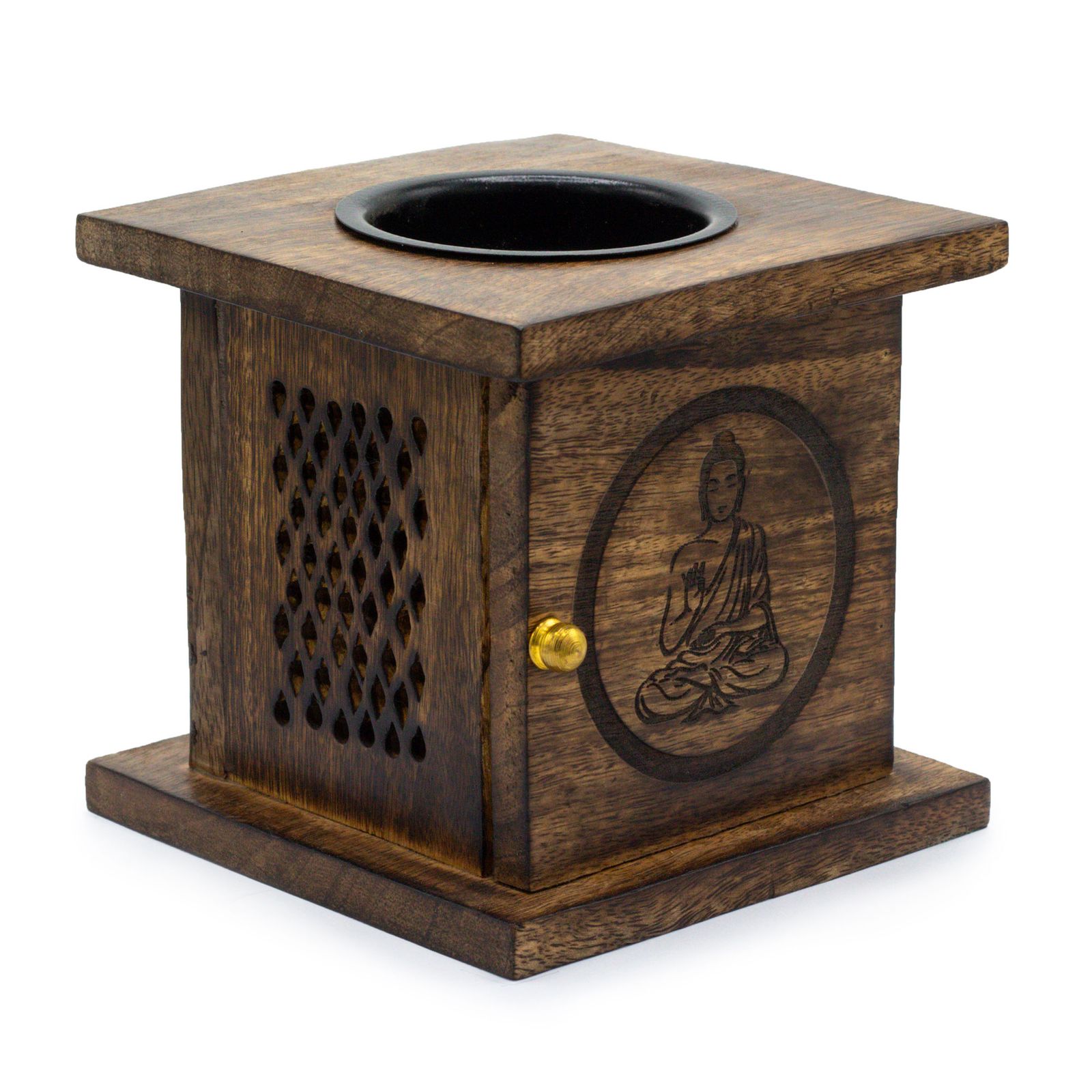 Duftlampe aus Mangoholz in Kastenform – Buddha