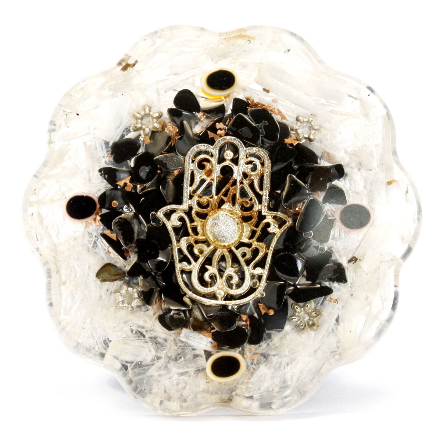 Orgonit-Tischobjekt – Hamsa mit Sellonite – Mittel