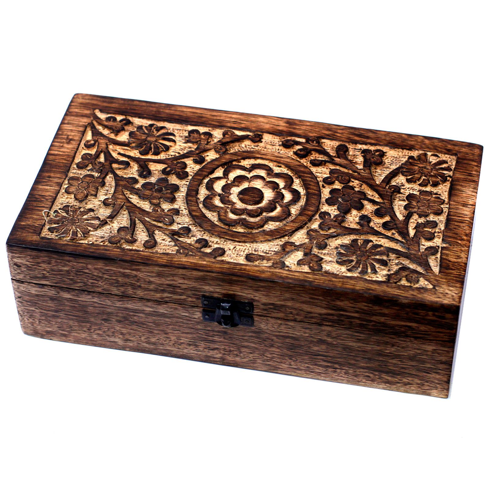 Aromatherapie-Ölbox aus Mangoholz – 32 Flaschenplätze – Blumenmotiv