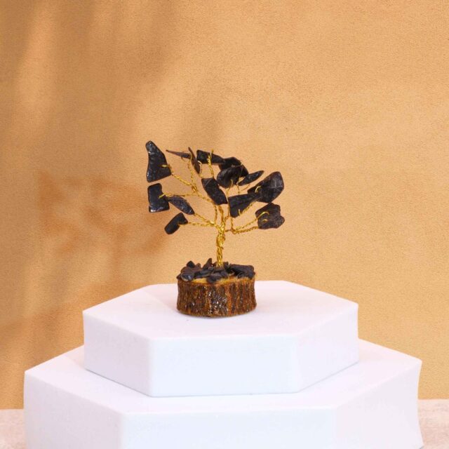 Mini-Edelsteinbaum mit Holzsockel – Schwarzer Achat (15 Steine)