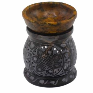 Duftlampe aus Speckstein 10 cm – Mandala-Blume – Schwarz & Gelb