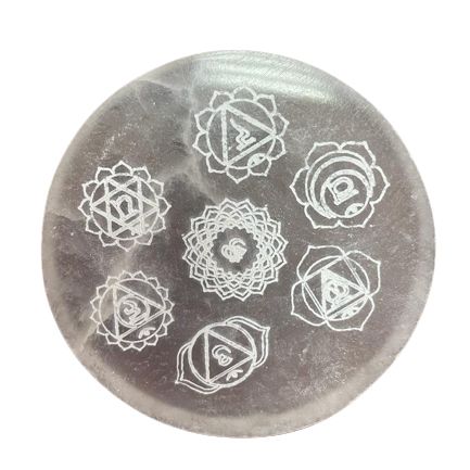 Kleine Selenit-Ladeplatte 8 cm – Chakra-Motiv