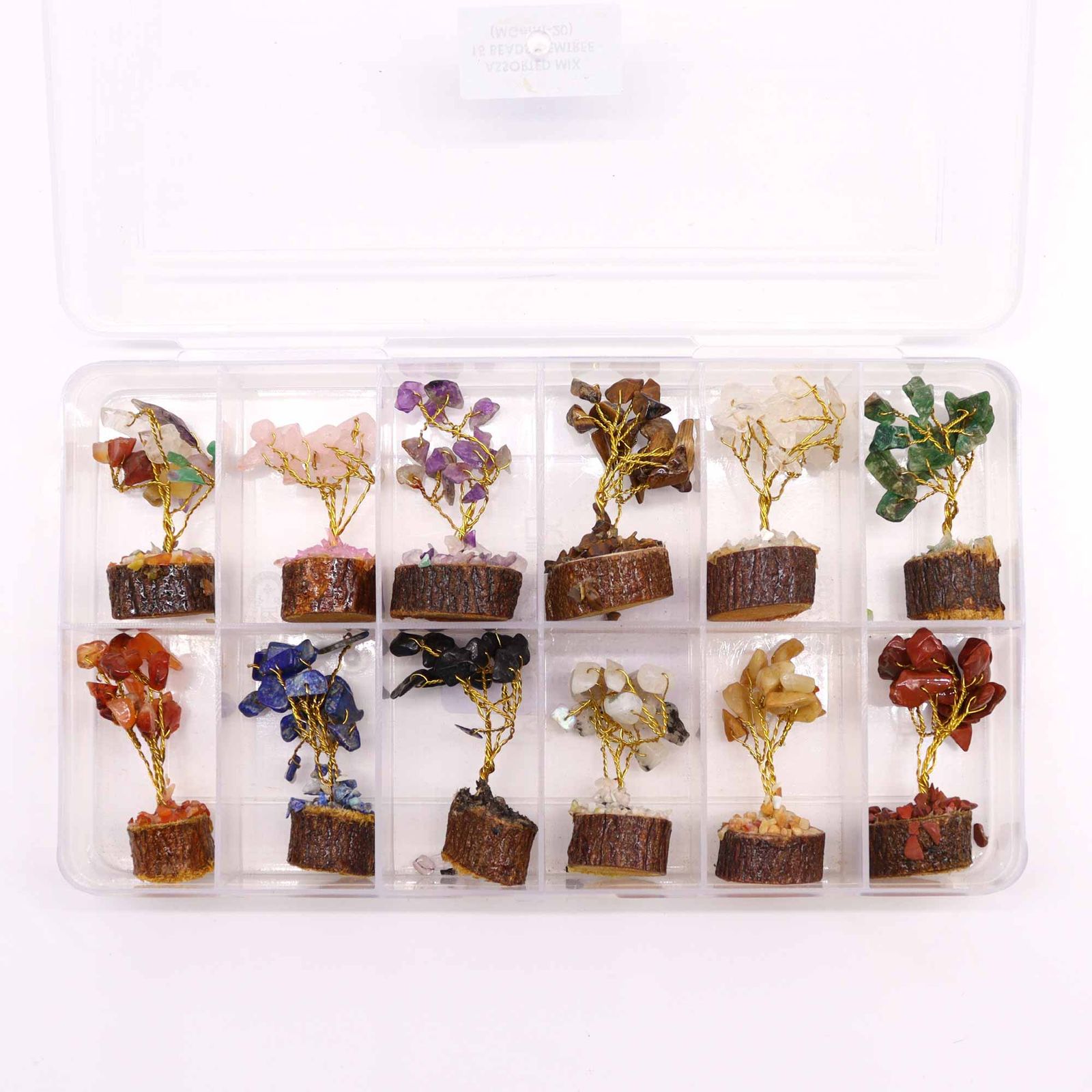 Box mit 12 Mini-Edelsteinbäumen mit Holzsockel – Farbmix (15 Steine) – Bild 5