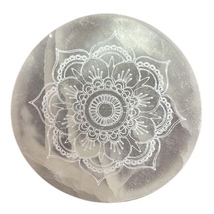 Kleine Selenit-Ladeplatte 8 cm – Mandala-Motiv