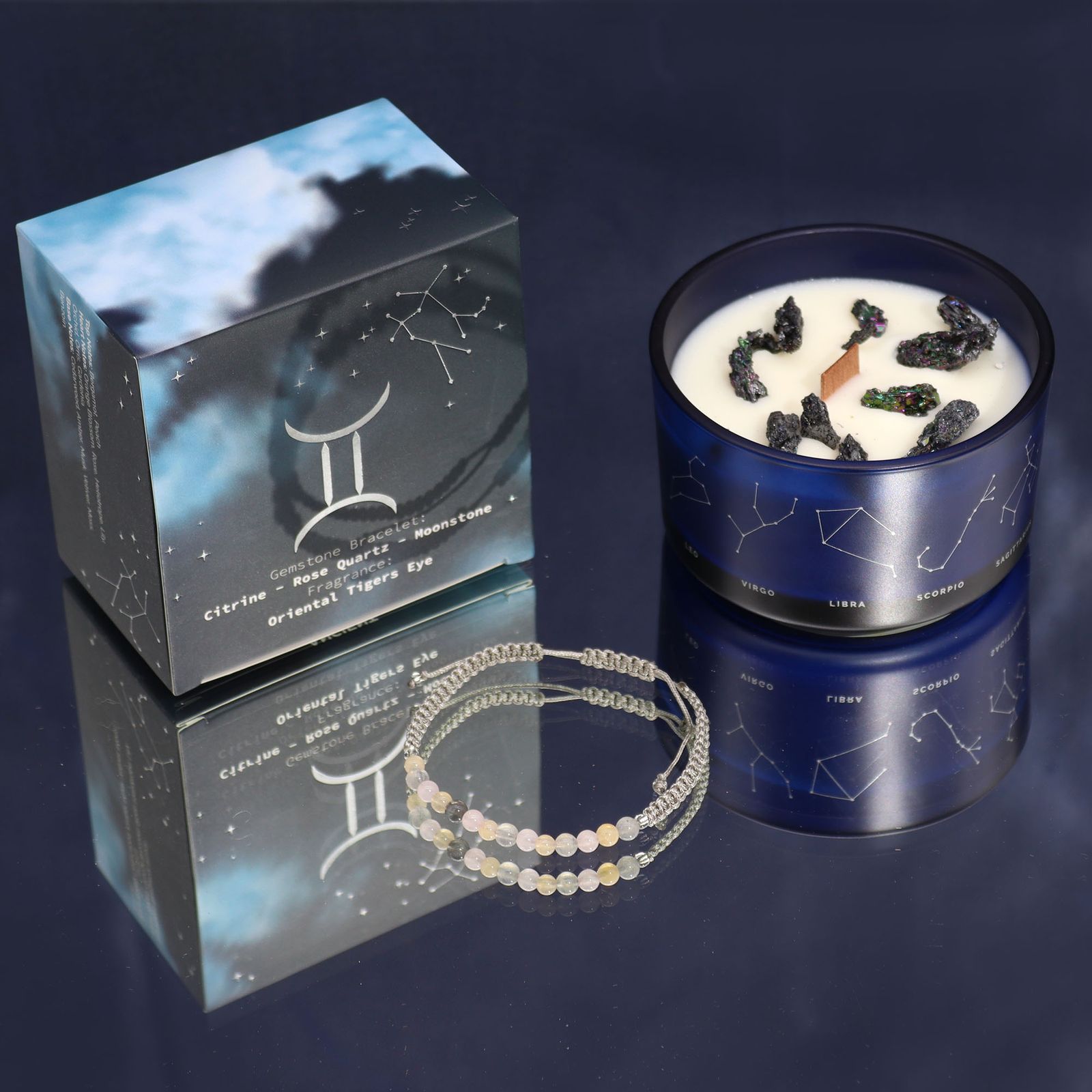Sternzeichen-Kristallkerze mit Edelsteinarmband – Zwillinge