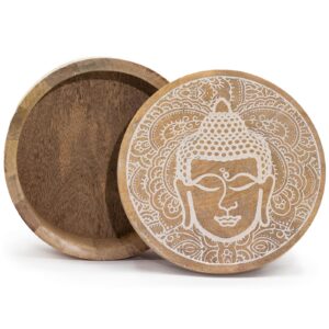 Aufbewahrungsbox – groß, rund 17,5 × 7,5 cm – Buddha-Gesicht weiß lasiert