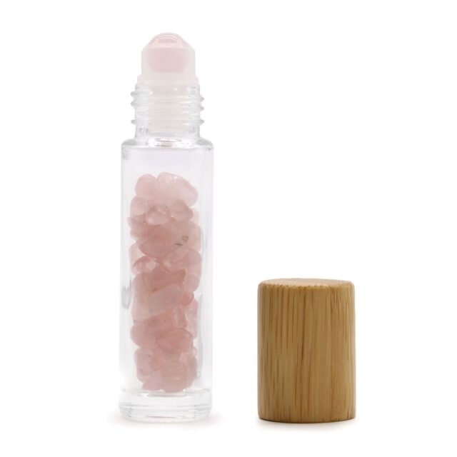 Edelstein-Roll-on-Flasche – Rosenquarz – 5 ml, Holzverschluss