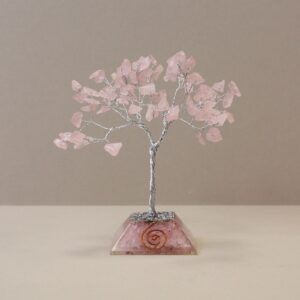 Edelsteinbaum mit Orgonit-Sockel – 80 Steine – Rosenquarz