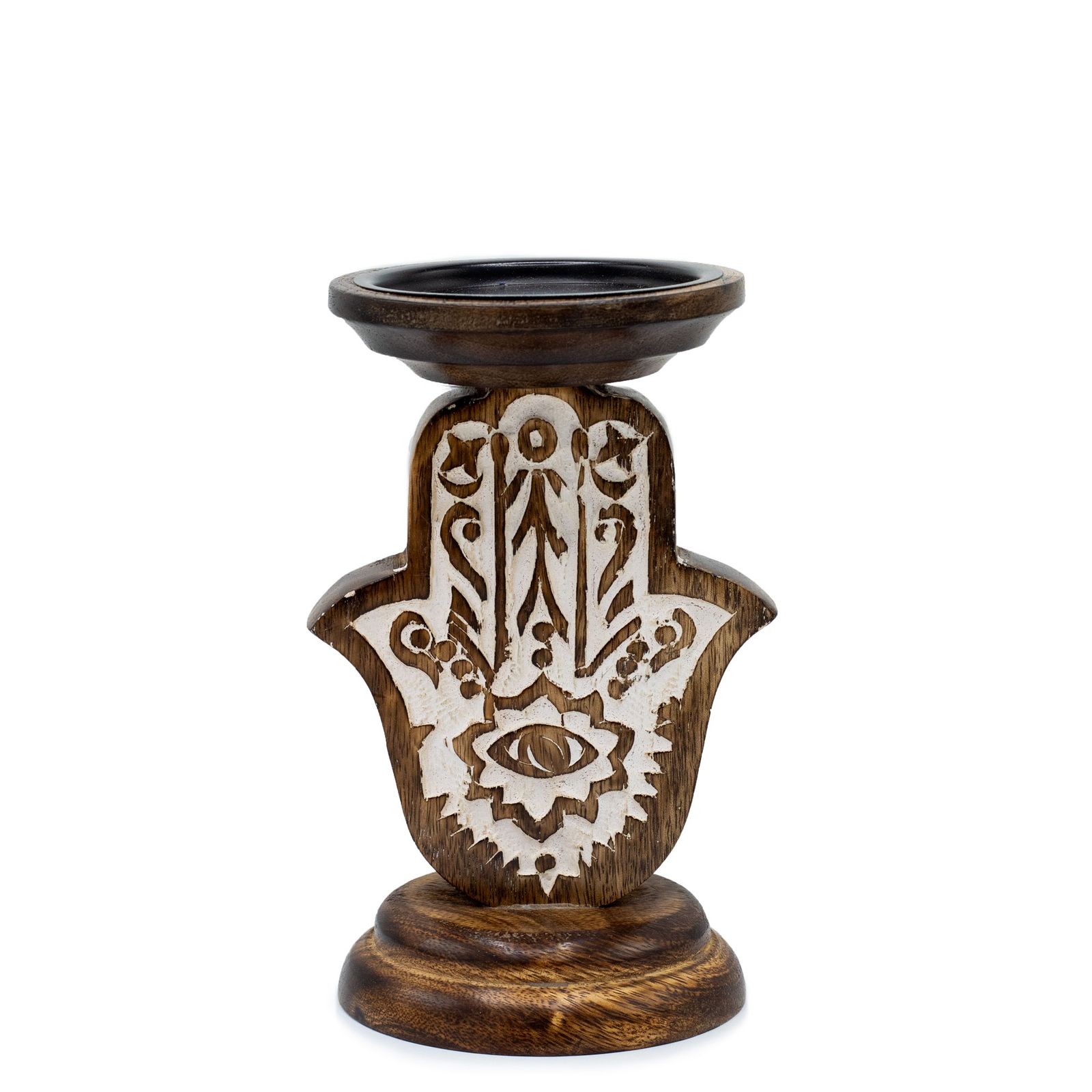 Kerzenhalter – Mangoholz Kerze Ständer – Hamsa – Klein 18x11 cm