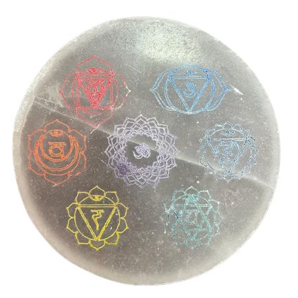 Mittelgroße Selenit-Ladeplatte 10 cm – Chakra-Motiv (col)