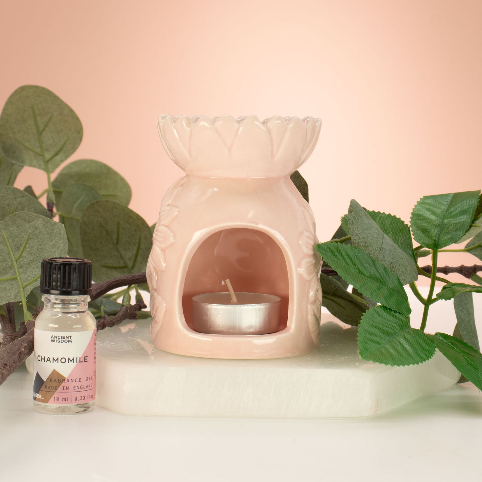 Keramik-Duftlampe mit Sonnenblumenmotiv – Pastellrosa – Bild 2