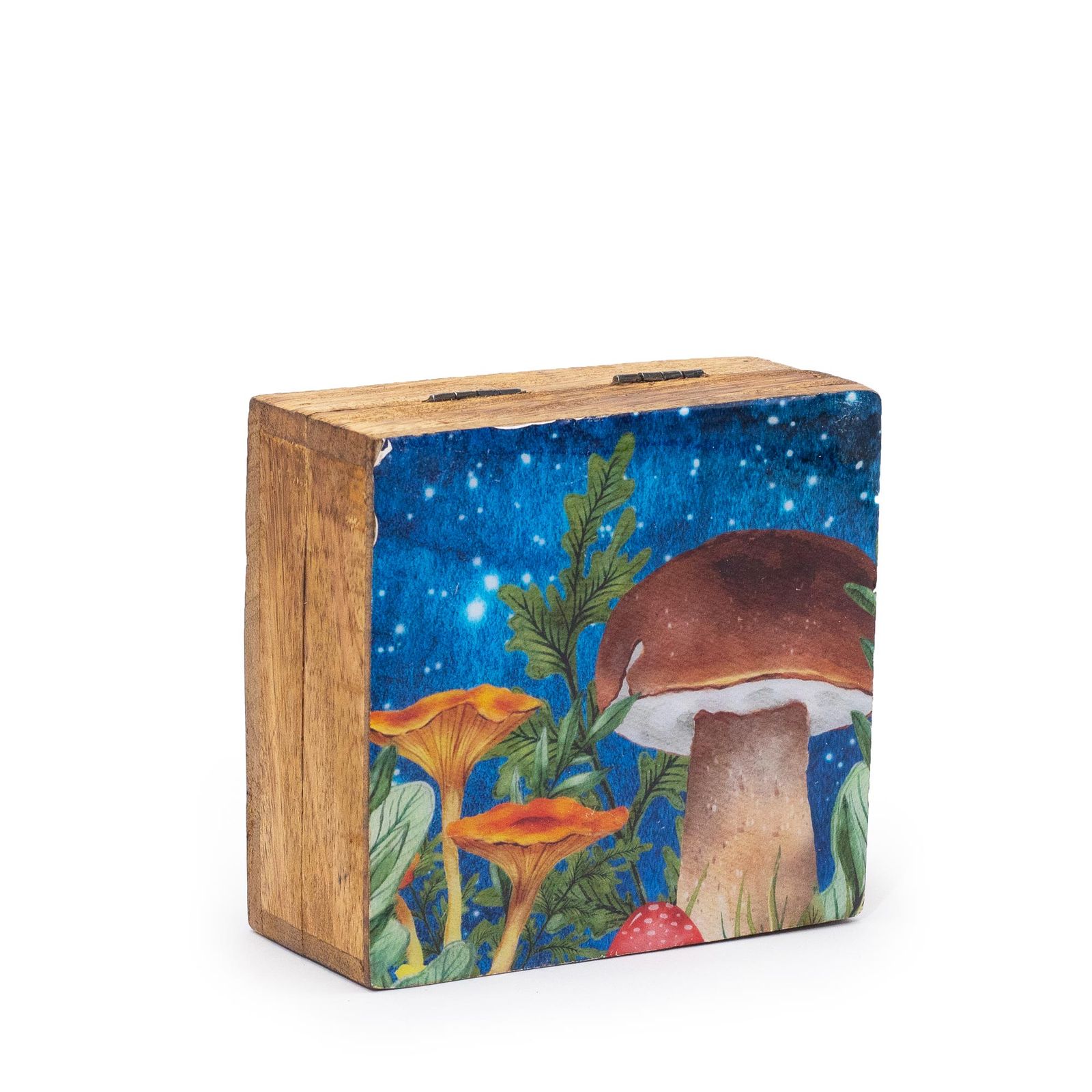 Emaillierte Aufbewahrungsbox – klein, quadratisch 10 × 10 × 4,2 cm – Pilzmuster petrol