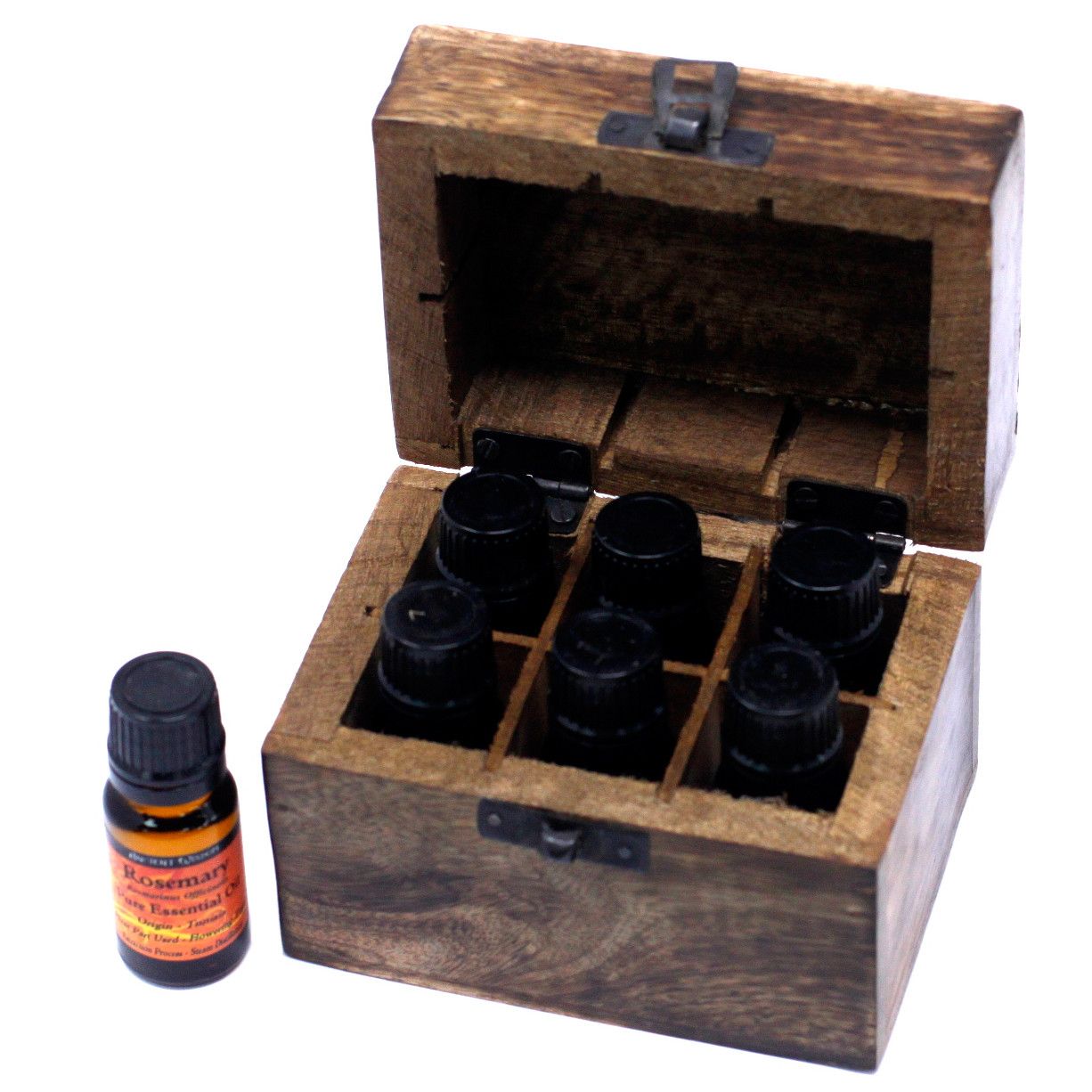 Aromatherapie-Ölbox aus Mangoholz – 6 Flaschenplätze – Blumenmotiv – Bild 3