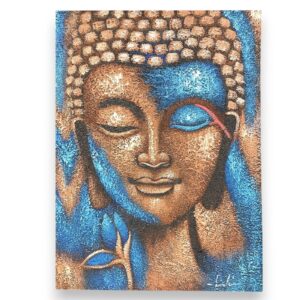 Buddha-Bild mit Blütenmotiv – bronzefarben & blau – 75 × 55 cm