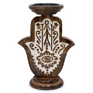 Kerzenhalter – Mangoholz Kerze Ständer – Hamsa – Groß 25x18 cm