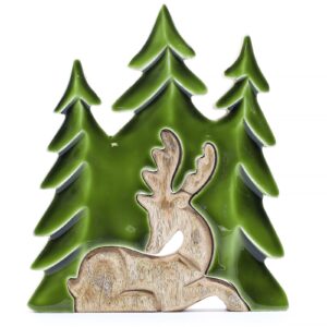 Walddeko aus Mangoholz – Hirsch im Wald 3D-Motiv, 23 × 20 cm